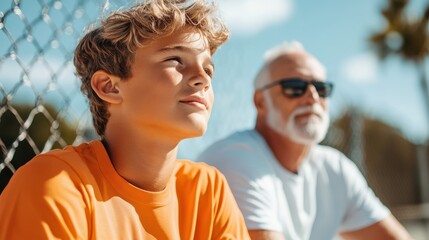 A young boy and older man enjoy time together at a sunlit tennis court. Their expressions are thoughtful, reflecting the bond and joy in their relationship.