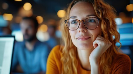 A thoughtful woman with wavy hair rests her chin on her hand in a modern office, surrounded by glowing computer screens and a blurred environment.