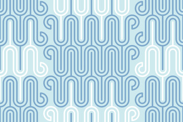 Retro round line geometrics pastel blue Raster pattern. Boho curved lines mosaic in monochrome light blue colors seamless pattern.