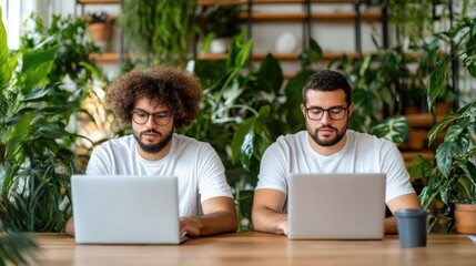 Amidst an abundance of plants, two men, one with curly hair, concentrate on their laptops, embodying focus and modern professional ambiance.