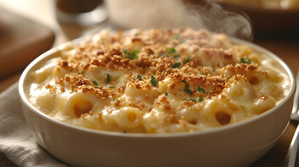 Creamy macaroni and cheese baked with a golden breadcrumb topping served hot. Cheese Lovers Day concept