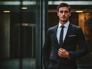 A confident businessman in a sleek black suit and tie stands poised outside a modern office building, exuding professionalism and authority with a sharp, focused expression.