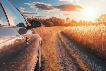 Poster - a car parked on the side of a dirt road