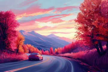 Wall Mural - a painting of a car driving down a road