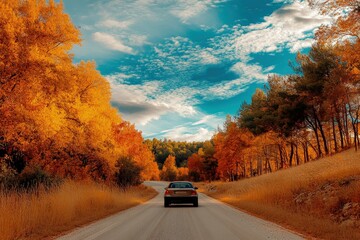 a car driving down a road surrounded by trees