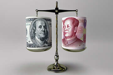 Balancing currencies symbolizes economic power and trade dynamics