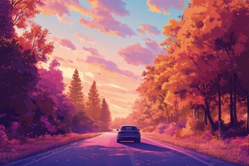 Wall Mural - a painting of a car driving down a road