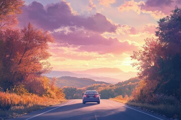 Wall Mural - a car driving down a road with a sunset in the background