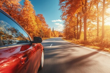 Sticker - a red car driving down a tree lined road