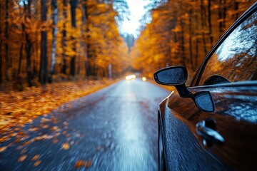 Poster - a car driving down a road surrounded by trees