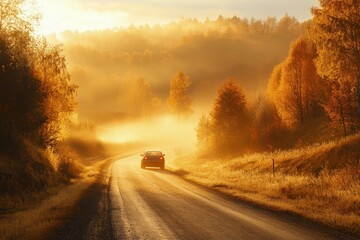 Poster - a car driving down a road in the middle of a forest