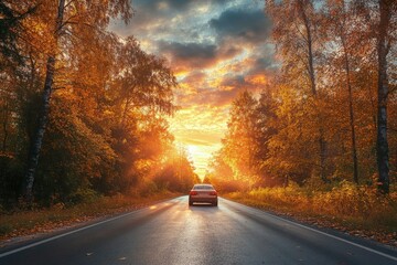 Wall Mural - a car driving down a road in the middle of a forest