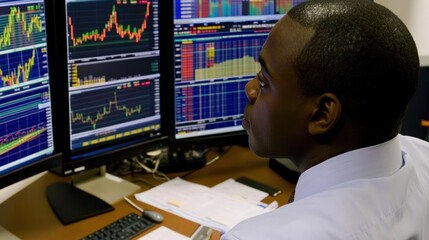 Aufkleber - Man Analyzing Financial Charts on Multiple Computer Monitors