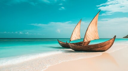 Traditional wooden sailboat with twin sails rests on pristine white sand beach, turquoise waters and clear blue sky create idyllic tropical paradise scene.