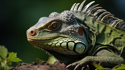 Wall Mural - Close-up portrait of a green iguana with a spiky crest, looking to the right, with green foliage in the background.