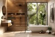 © k - Modern Minimalist Bathroom with Wooden Accents and Morning Light
