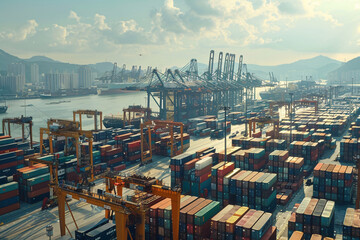 bustling port filled with colorful shipping containers and cranes