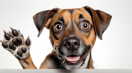 Wall Mural - A brown and black dog with big, wide eyes raises its paw in greeting with a happy expression on its face.