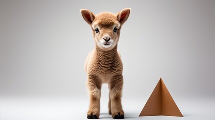 Poster - A cute brown lamb stands in front of a brown triangle on a white background.