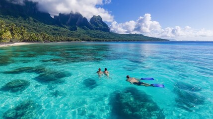 Poster - Three snorkelers explore crystal-clear waters near a tropical beach surrounded by lush mountains under a bright blue sky