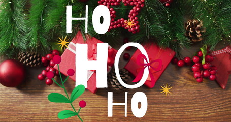 Poster - Image of ho ho ho text over christmas decorations