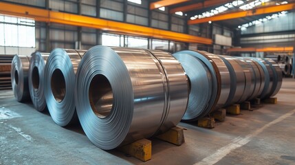 Sticker - Large steel coils stacked neatly in an industrial warehouse setting with ample natural light illuminating the space