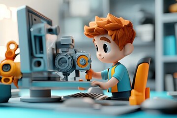 Canvas Print - a little boy sitting in front of a computer