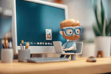 Canvas Print - a cartoon character sitting at a desk using a computer