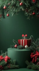 Wall Mural - festive christmas scene with evergreen branches, red ornaments, and a wrapped gift on a green pedest