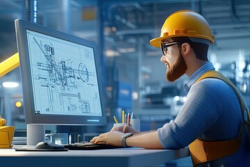 Canvas Print - a man in a hard hat is looking at a computer screen