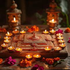 A Lakshmi Yantra surrounded by oil lamps (diyas) on a decorated platform. Copy space, Lakshmi Puja