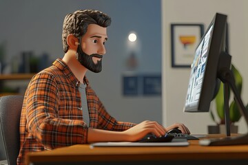 Canvas Print - a man with a beard sitting at a desk with a computer