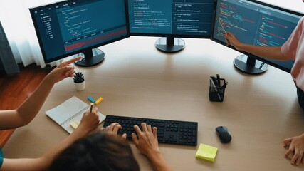 Slow motion back end software developer engineer for computer programming working together on debugging writing computing code, solving complex algorithms display on monitor in office. Burgeoning
