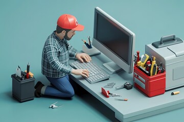 Sticker - a man sitting at a desk working on a computer