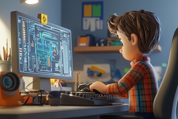 Sticker - a boy sitting in front of a computer monitor