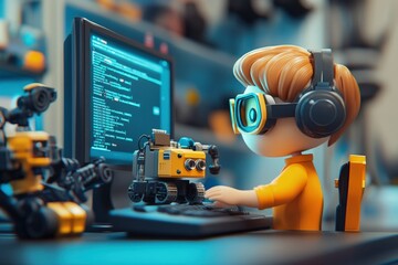 Canvas Print - a little girl with headphones on using a computer