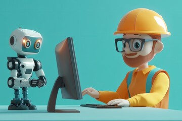 Canvas Print - a man sitting at a desk with a computer next to a robot