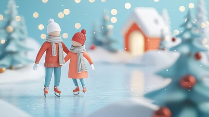 Merry Moment and Activities Couple ice skating in a winter wonderland, cozy scarves, 3D illustration