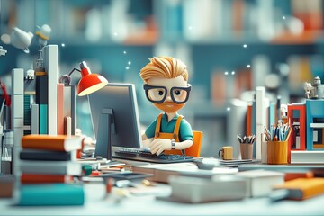 Canvas Print - a man sitting at a desk with a computer in front of him