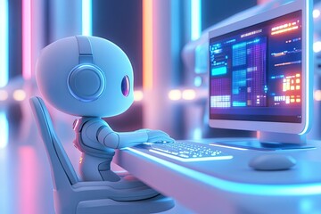 Canvas Print - a little robot sitting in front of a computer