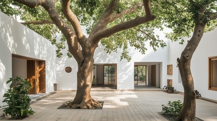 Wall Mural - Contemporary courtyard featuring large trees and minimalist architecture in a serene outdoor setting during the daytime