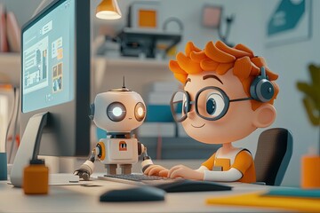 Canvas Print - a little boy sitting at a desk with a robot next to him