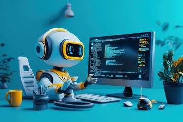 Canvas Print - a robot sitting in front of a computer monitor