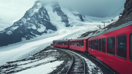 Poster - Red train travels along winding tracks through snowy mountains in a breathtaking winter landscape