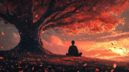 Sticker - A person meditating under an ancient tree during sunset, surrounded by vibrant autumn leaves and a serene atmosphere