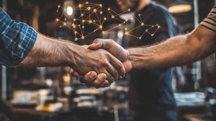 Two Men Shaking Hands with a Network Connection Above Them