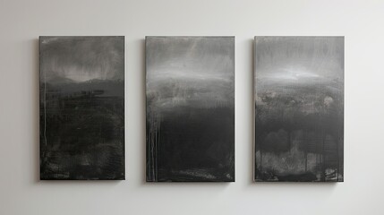 Three black and white paintings of a cloudy sky