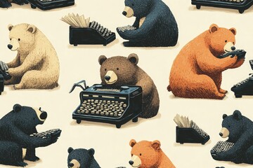 Canvas Print - a group of bears that are sitting next to a typewriter