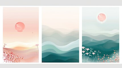 Three paintings of a beach scene with a sun in the sky