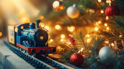 Wall Mural - Toy Train Underneath a Christmas Tree with Lights